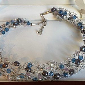 Cultured Pearl, Stone & Bead Crochet Necklace